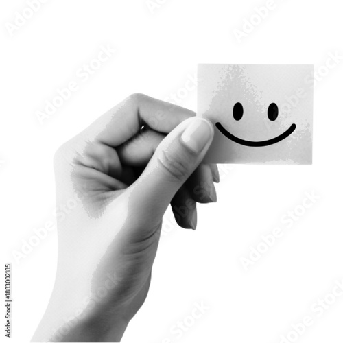 Hand holding a card with a smiling face icon in monochrome halftone style. Minimal concept illustration symbolizing happiness, positivity, satisfaction, feedback, emotion, and human expression.