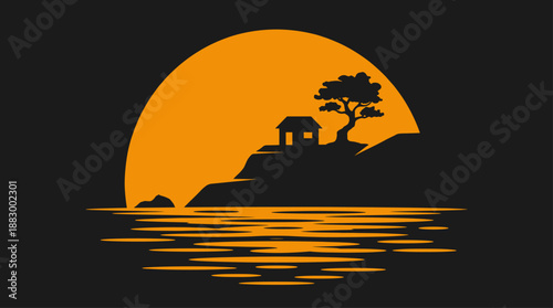 Minimalist Illustration of House and Tree Silhouette at Sunset Flat Design Vector Illustration