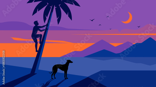 Man Climbing Palm Tree with Dog on Tropical Beach Sunset Flat Design Vector Illustration