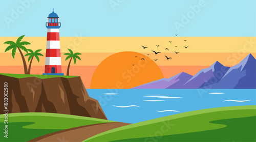 Minimalist landscape of a lighthouse on a cliff with ocean and sun flat design vector illustration