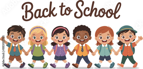 Six diverse happy schoolchildren holding hands with backpacks ready for the new academic year