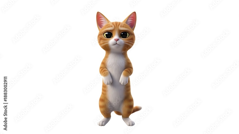Fototapeta premium Adorable orange and white cartoon cat standing on its hind legs with large, expressive eyes and a slightly sad or pleading expression, isolated on a white background.