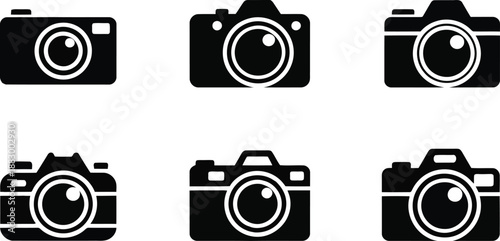 Six sleek black camera icons featuring various designs are neatly arranged on a clean white surface
