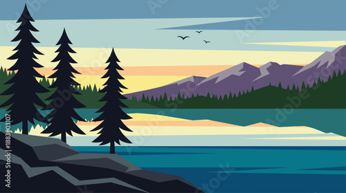 Minimalist Mountain Landscape Vector Illustration with Lake and Pine Trees in Flat Design Style