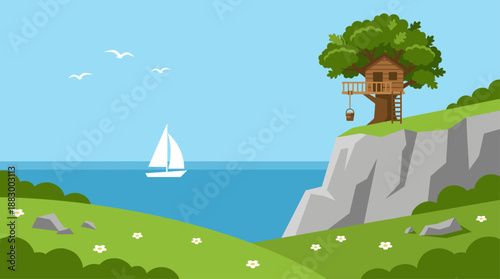 Flat Design Vector Illustration of a Treehouse on a Cliff Overlooking the Sea with a Sailboat