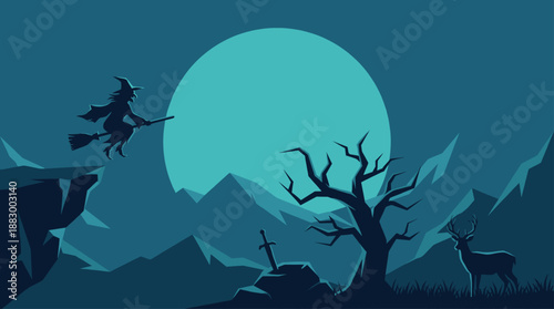 Spooky Witch Flying Over Full Moon with Stag and Sword Flat Design Vector Illustration Scene