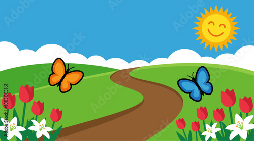 Bright Summer Countryside Scene with Winding Path Sun and Flowers Flat Design Vector Illustration