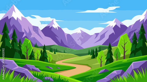 Scenic Mountain Landscape Vector Illustration with Winding Path in Flat Design Style