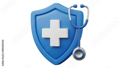 Medical Shield with Stethoscope in Blue Color on White Background for Healthcare