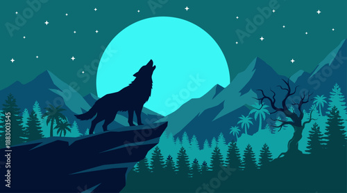 Wolf Howling at Full Moon in Mountain Forest Night Landscape Flat Design Vector Illustration