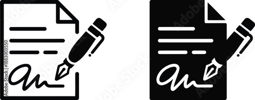 This graphic presents an outline icon of a document displaying a signature being written with a fountain pen