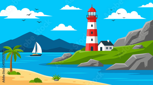 Coastal Landscape with Red Lighthouse and Sailboat Flat Design Vector Illustration