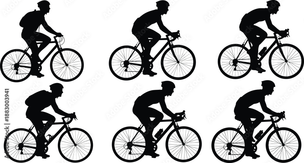 Obraz premium Vector illustration of cycling icon set with six silhouette riders in varied bicycle styles and postures