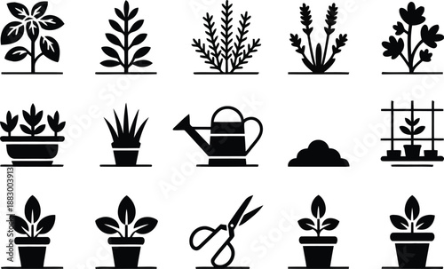 This image showcases a collection of diverse plant silhouettes and essential gardening tools presented on white