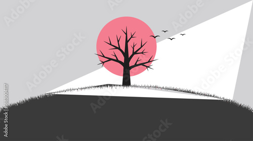 Minimalist Vector Illustration of a Bare Tree on a Hill with Pink Sun and Birds in Flat Design Style