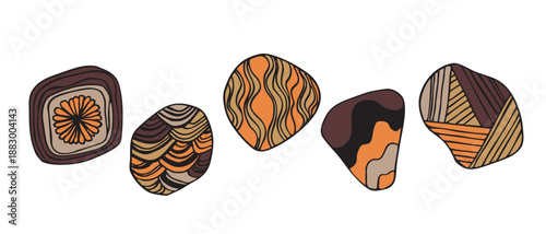 Geometric hand-drawn ethnic symbols, art icon. Aboriginal tribal rounded ornament. Afican, australian motiph. Dots painting. Vector illustration, template design for cloth, card, fabric.