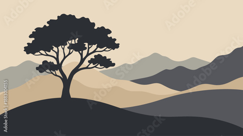 Minimalist Illustration of a Lone Tree in a Layered Mountain Landscape Vector Illustration