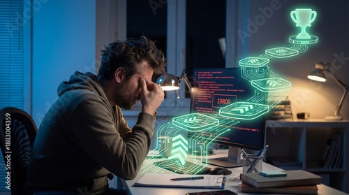 A determined individual stares at the stages leading to success as a trophy symbolizes the achievement in a digitally rendered environment.