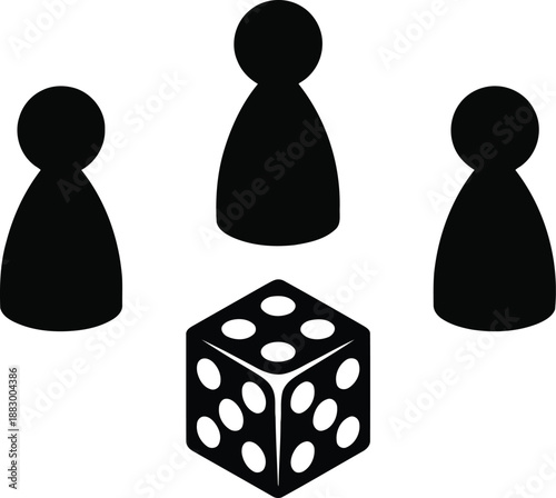 Three black player tokens and a single standard die showing faces three, four, and two