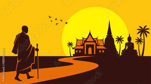 Buddhist Monk Walking Towards Temple at Sunset Vector Illustration Flat Design