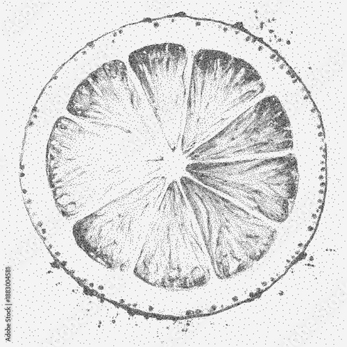 Orange slice drawing with rough paper grain, stipple dust, faint scratches and soft stains covering surface with subtle vintage aging imperfections.