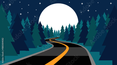 Winding Forest Road Under a Glowing Full Moon Vector Illustration in Flat Design Style