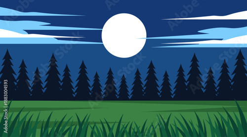 Peaceful Night Forest Landscape with Full Moon and Clouds Flat Design Vector Illustration