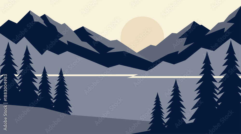 Fototapeta premium Minimalist Flat Design Vector Illustration of a Blue Mountain Landscape with Lake and Sun