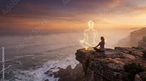 A tranquil woman find her inner peace. The spiritual connection with sunset view. The moment is meditation and self-discovery.
