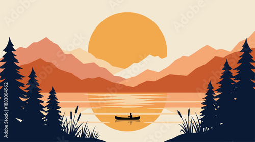 Minimalist Vector Illustration of Man in Canoe on Lake at Sunset with Mountains Flat Design