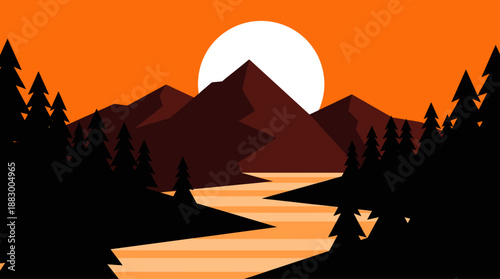 Minimalist Landscape Vector Illustration of Mountains Forest and River at Sunset in Flat Design Style