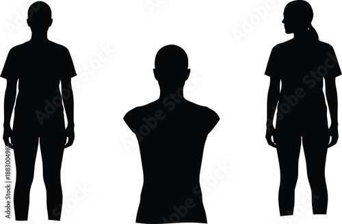 Vector illustration of human figure icon set with three silhouettes in frontal and side walking posture