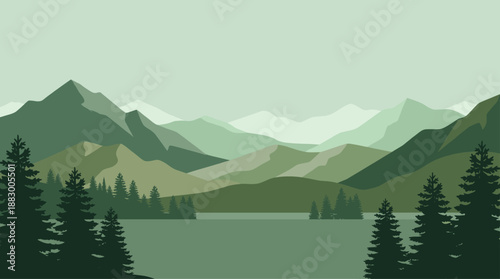 Serene Minimalist Green Mountain Landscape with Pine Forest and Lake Vector Illustration Flat Design