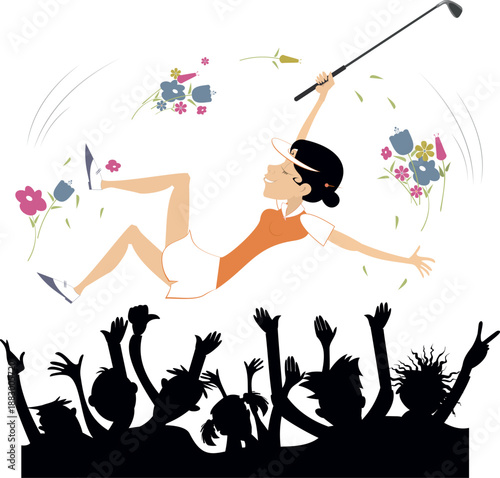 Golf competition female winner is tossed up in the air by fans