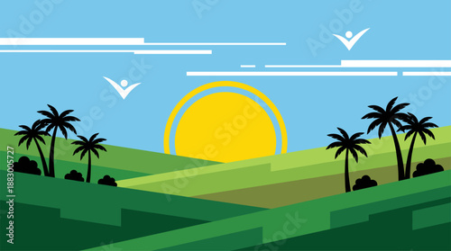 Flat Design Vector Illustration of a Sunrise Over Tropical Green Hills with Palm Trees and Birds