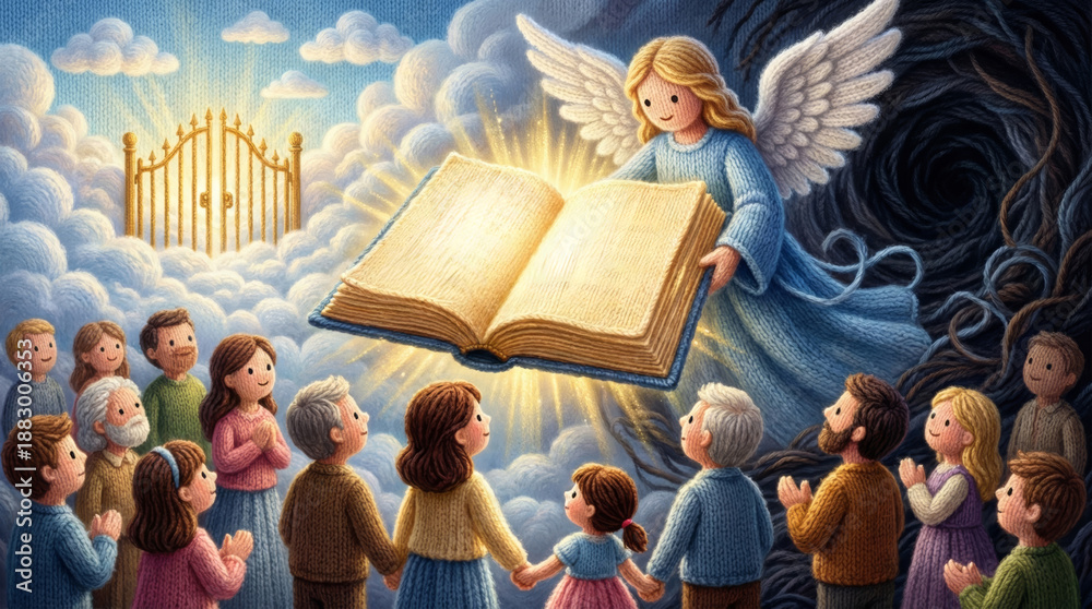Naklejka premium Angel showing a glowing bible to people guiding them towards heaven gate, escaping a dark, tangled path. Biblical story for children.