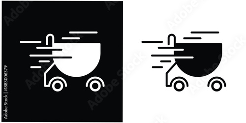 This silhouette icon illustrates a shopping cart in motion, enhanced with dynamic speed lines to clearly represent fast shopping, instant checkout, or flash sale activity