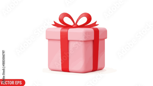 Pink gift box with red ribbon and bow, isolated on white background, 3D render