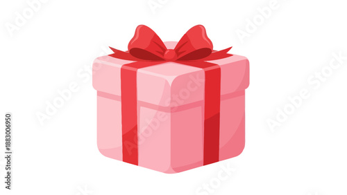 Pink Gift Box with Red Ribbon and Bow, Isolated on White Background