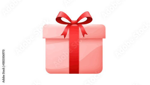 Pink Gift Box with Red Ribbon Bow, Isolated on White Background