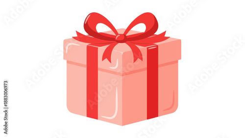 Pink Gift Box with Red Ribbon Bow, Isolated on White Background, Celebration Present