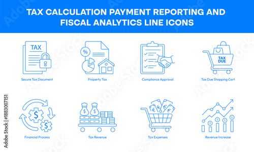 Tax calculation payment reporting and fiscal analytics line icons collection icon with editable stroke.