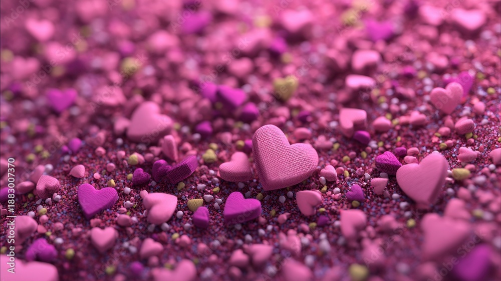 Obraz premium Colorful Heart Shapes and Sprinkles Creating a Romantic Pink Background for Celebrations and Special Occasions