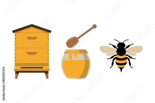 Honey Bee Apiary Illustration with Beehive, Honey Jar, and Bee Insect