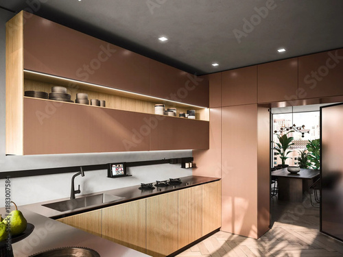 Modern luxury kitchen interior in minimal scandinavian style, 3d render