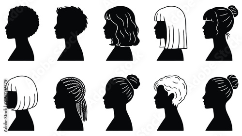 A diverse group of people with different hairstyles in black silhouette profiles