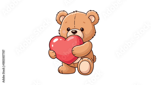 Lovable brown teddy bear with a sweet expression sits down while giving a big hug to a large plush red heart shape.