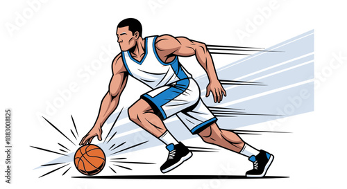 Dynamic illustration of a basketball player dribbling on a court, captured from a dynamic viewpoint.