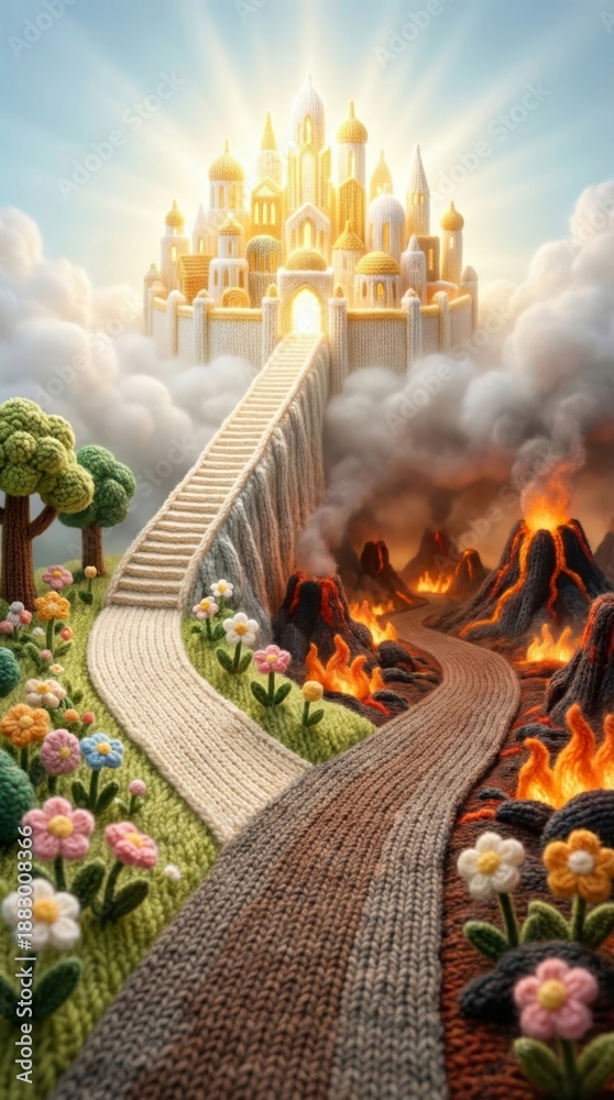 Obraz premium Knitted path leading to a glowing heavenly city on clouds and a diverging path to a fiery hell with volcanoes. Choice, salvation, good versus evil.
