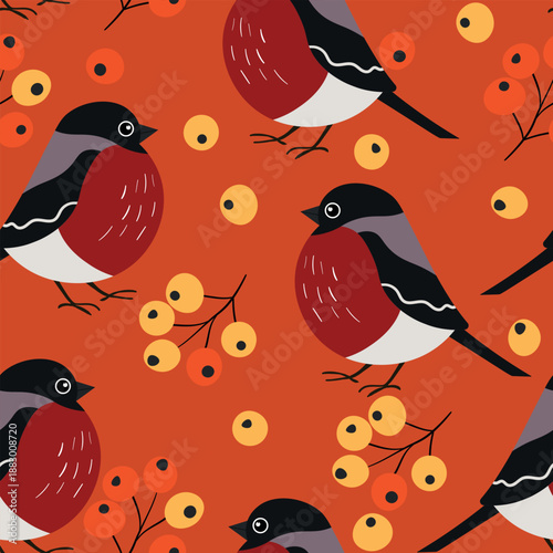 Seamless pattern with funny colorful bullfinch birds, flowers and berries. Color flat vector illustration with little cartoon bird. Cute characters. Design for invitation, card, textile, fabric.